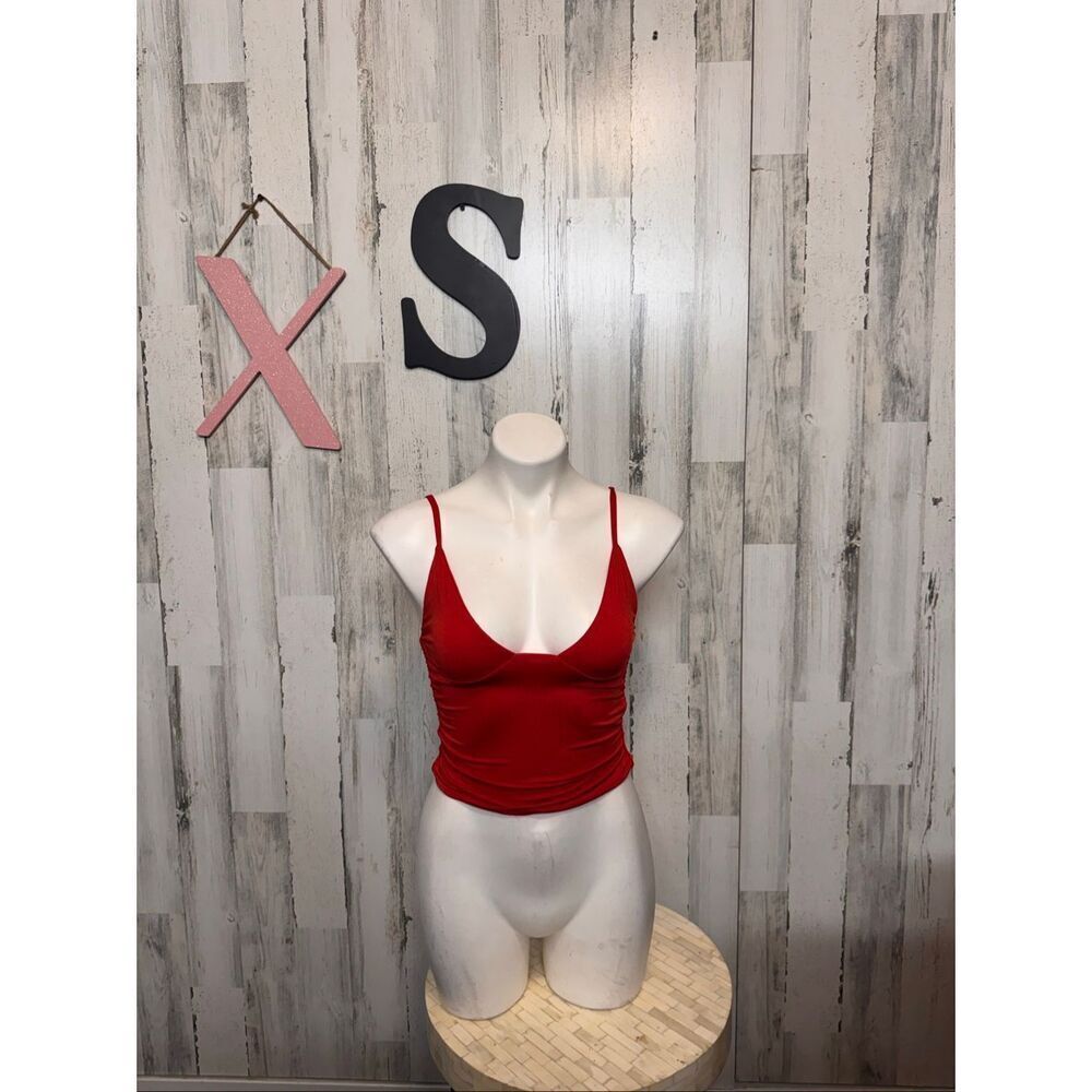 Red Ruched Crop Top XS Spaghetti Strap Fitted Stretch Tank